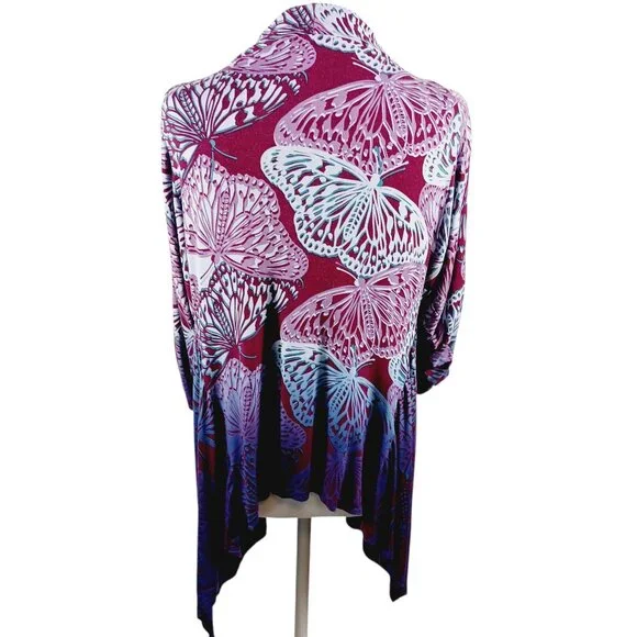 One World, Large, Butterfly Print Wrap, Ruched Sleeves, Blue/Purple/Maroon, Boho - Picture 4 of 16